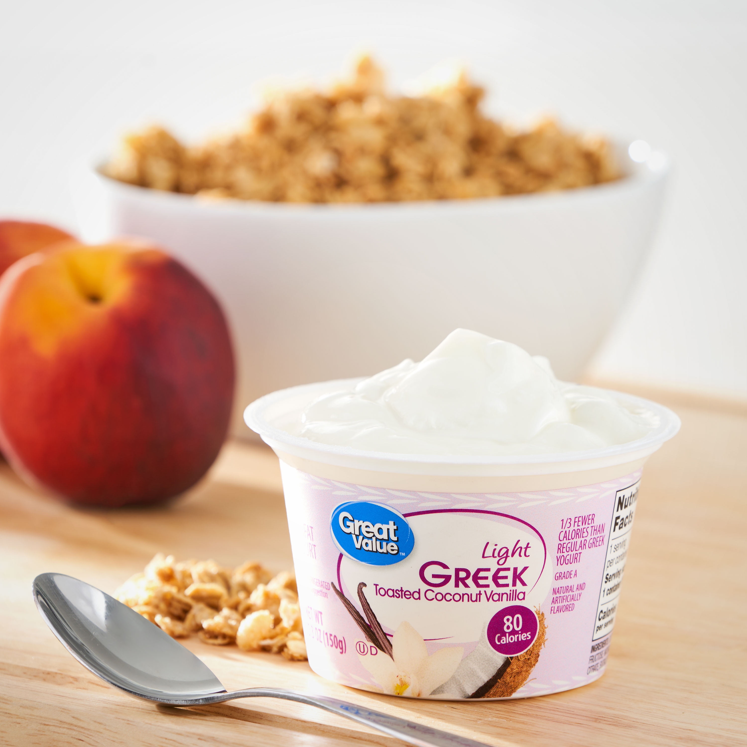Great Value Toasted Coconut Vanilla Light Nonfat Greek Yogurt, 5.3 oz Individual Cup