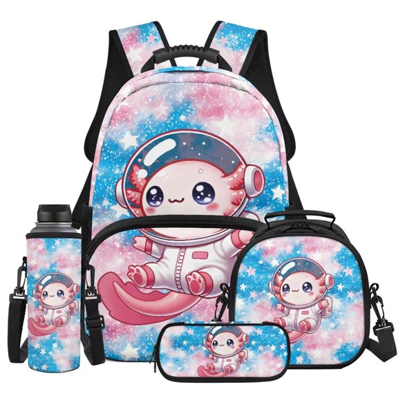 KUIFORTI Pink Axolotl 4Pcs Kids Backpack Set with Lunch Box Pencil Pouch Water Bottle Sleeve Lightweight Boys Girls School Bag for Elementary Primary Middle School Back to School Essentials Gifts