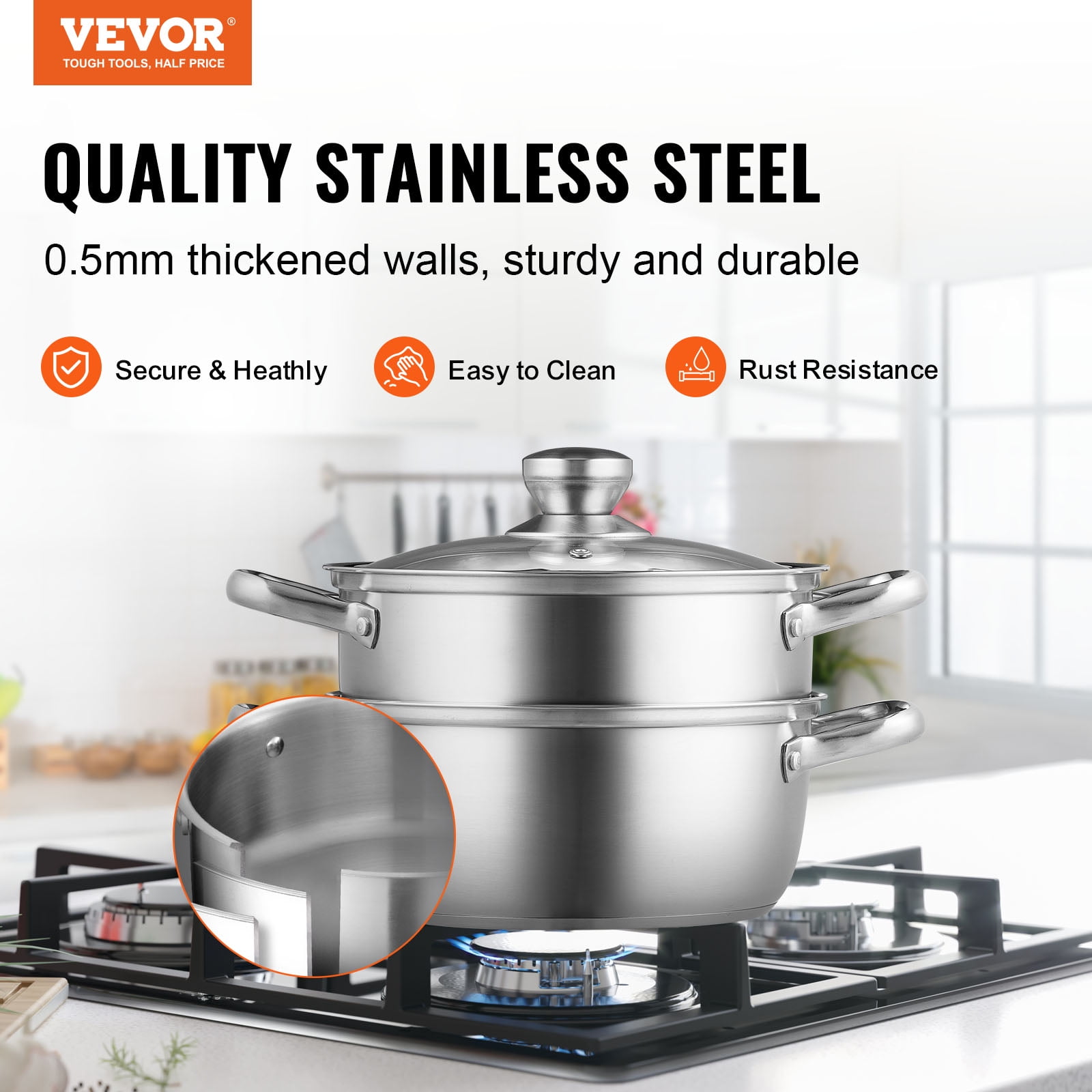 BENTISM Steamer Pot, 8.66in/22cm Steamer Pot for Cooking with 3QT Stock Pot and Vegetable Steamer, Large Capacity Stainless Steel Food Steamer Cookware with Lid for Gas Electric Induction Grill Stove