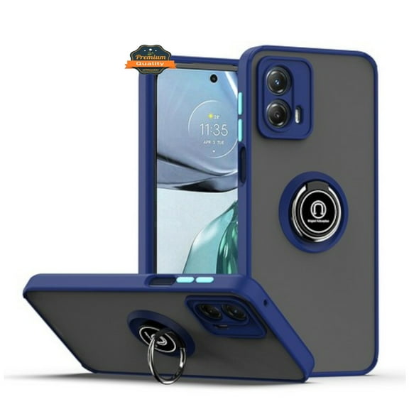 Xpression Phone Case For Motorola Moto G 5G 2025 Translucent Matte Back Hybrid with Rotatable Metal Ring Holder Kickstand Shockproof TPU (Fit Car Mount) Cover, Navy Blue