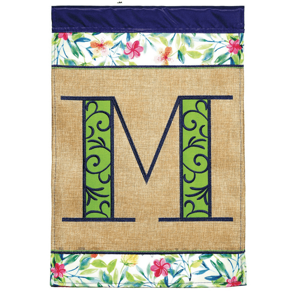 Magnolia Gardens M030084 13 x 18 in. Double Applique Monogram M Spring Burlap & Print Garden Flag