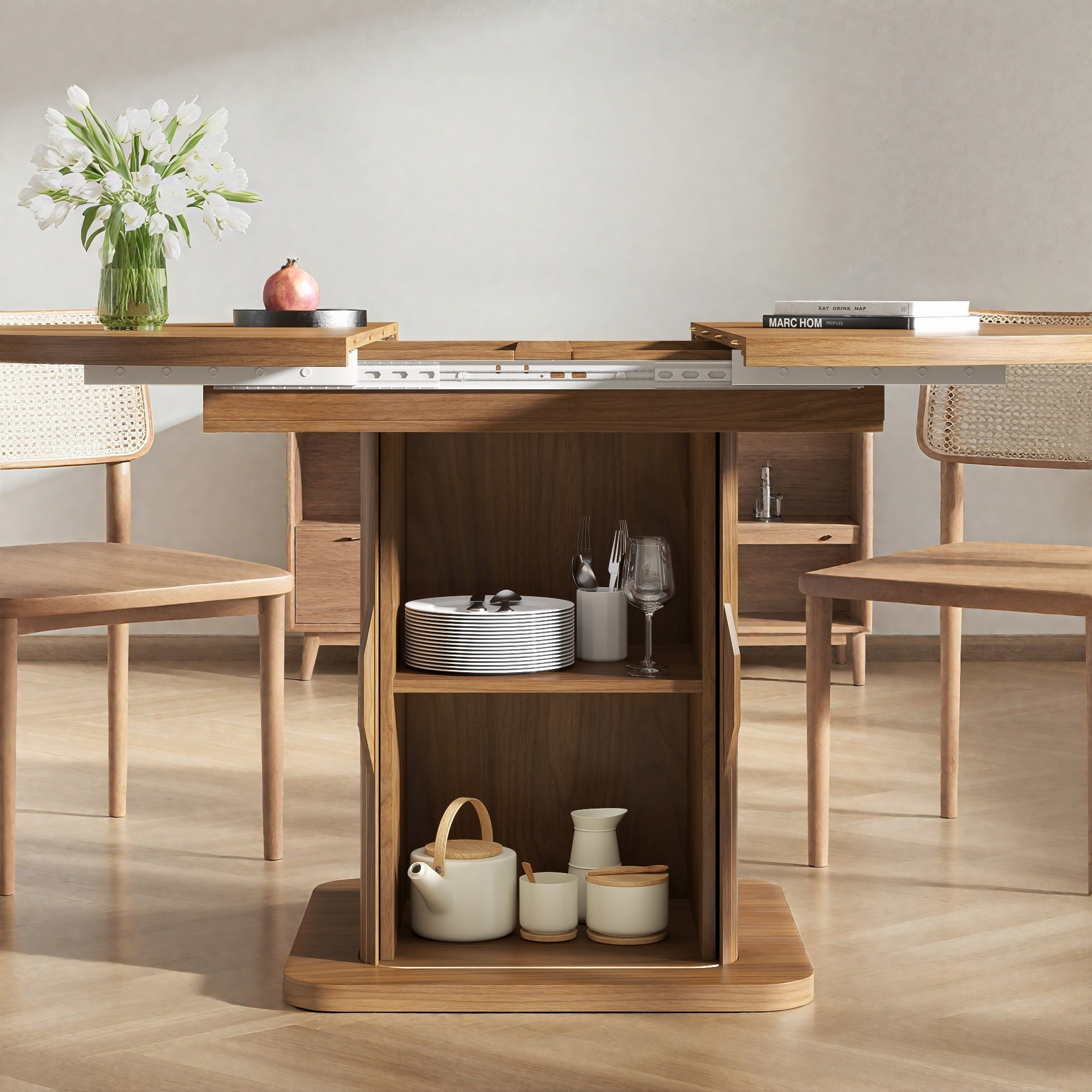 59 Inch Extendable Round Dining Table for 4-6, Kitchen Dining Table with Storage Shelf for Home Living Room, Walnut