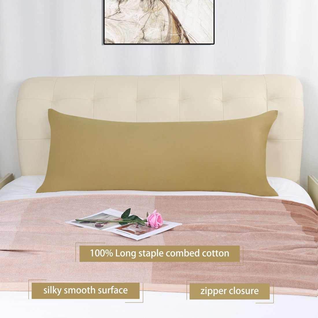 Unique Bargains Egyptian Cotton Zipper Long Body Pillow Cover Camel Color 20" x 72"