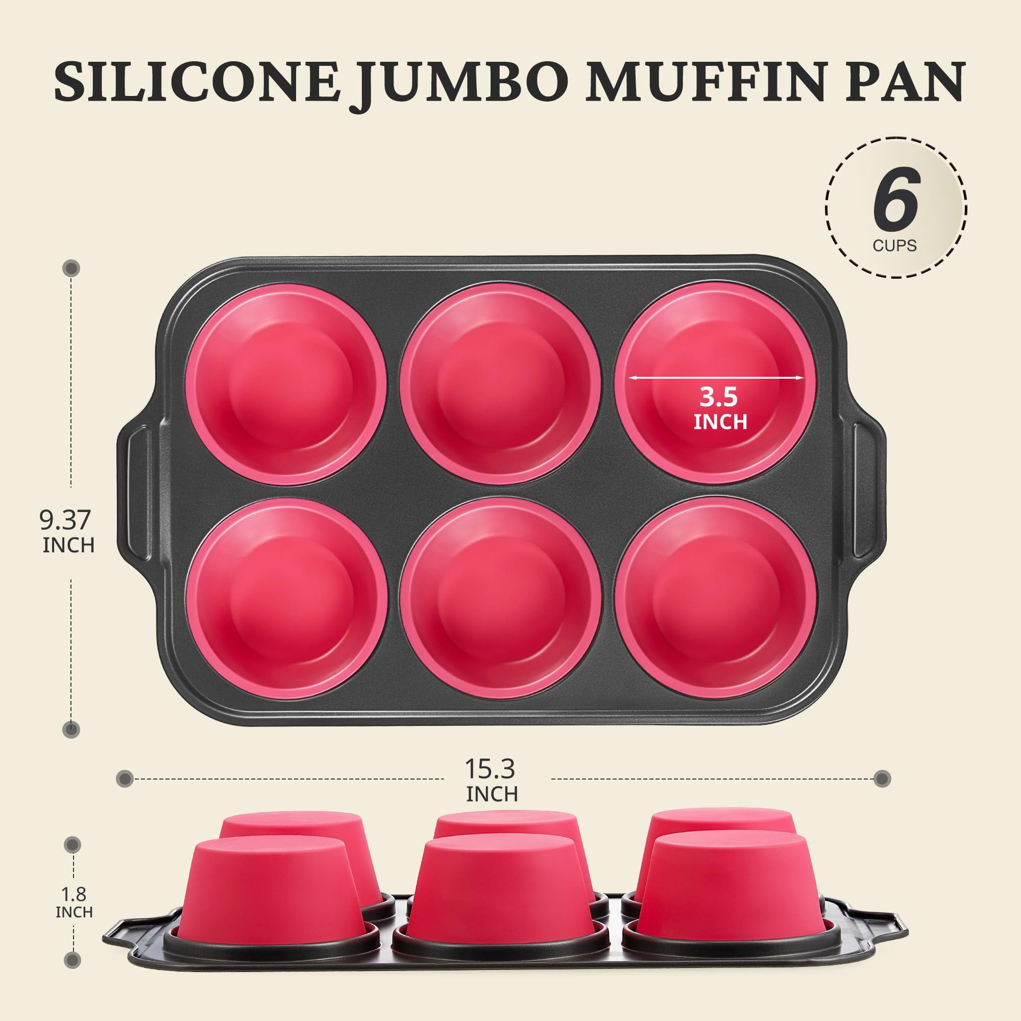 HONGBAKE Jumbo Silicone Muffin Pan with Metal Frame, 3.5" Large Muffin Tins, Non-Toxic Food Grade Silicone, Non-Stick for Egg Bites & Big Cupcakes, Oven Safe, Pink