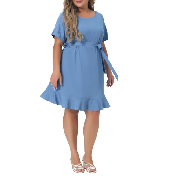 MODA NOVA Juniors' Plus Size Denim Round Neck Roll Up Sleeve Ruffle Chambray Midi Dresses