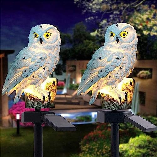 2 Pack Owl Solar Lights Outdoor Garden Resin Waterproof Garden Decorations with Stake for Patio,Yard,Lawn,Walkway Decoration Scare Birds Away(White)