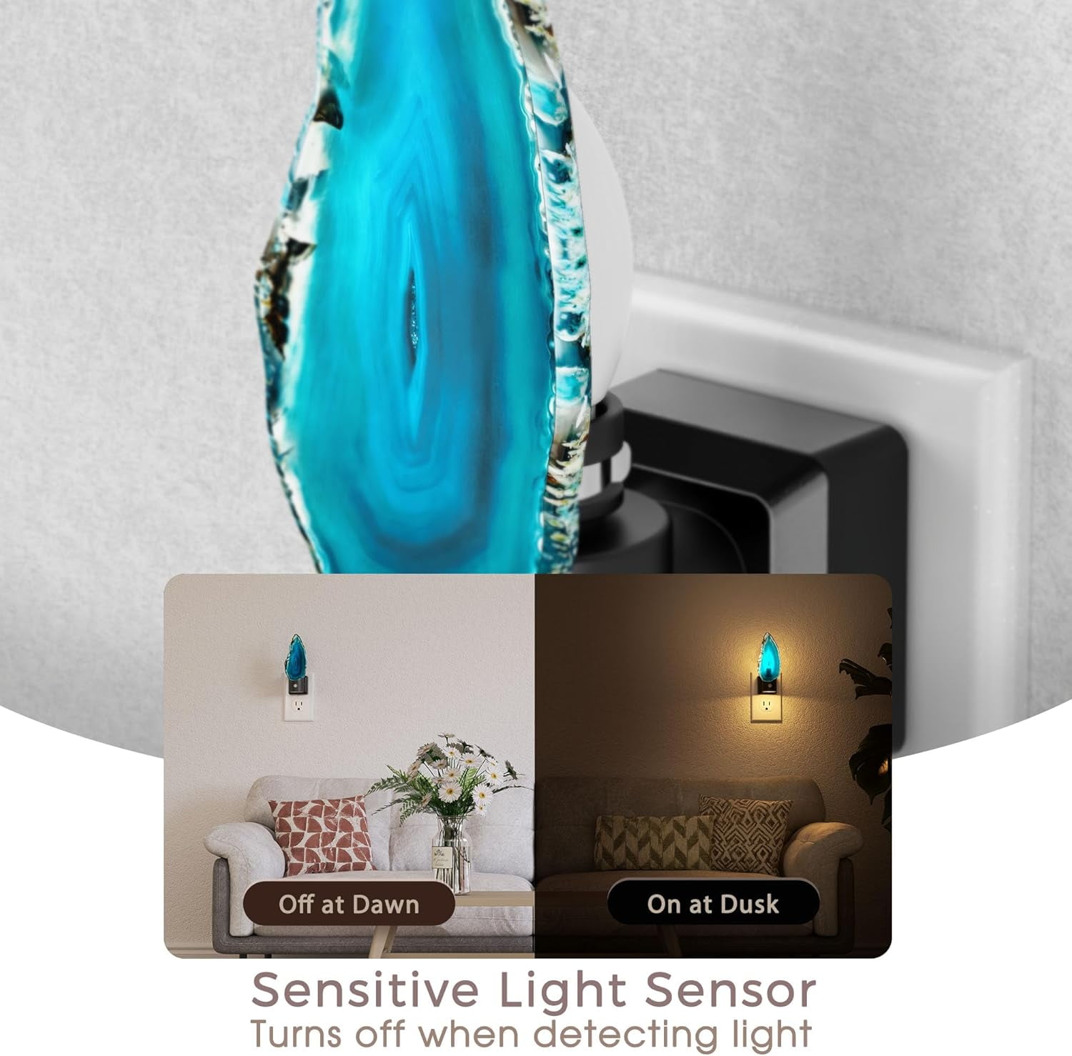 RGHJAR-Agate Night Lights Plug into Wall, Dimmable Night Lights with Adjustable Brightness, LED Nightlight with Dusk to Dawn Sensor, Blue Healing Stone Agate 3000K Warm White for Hallway Bedroom