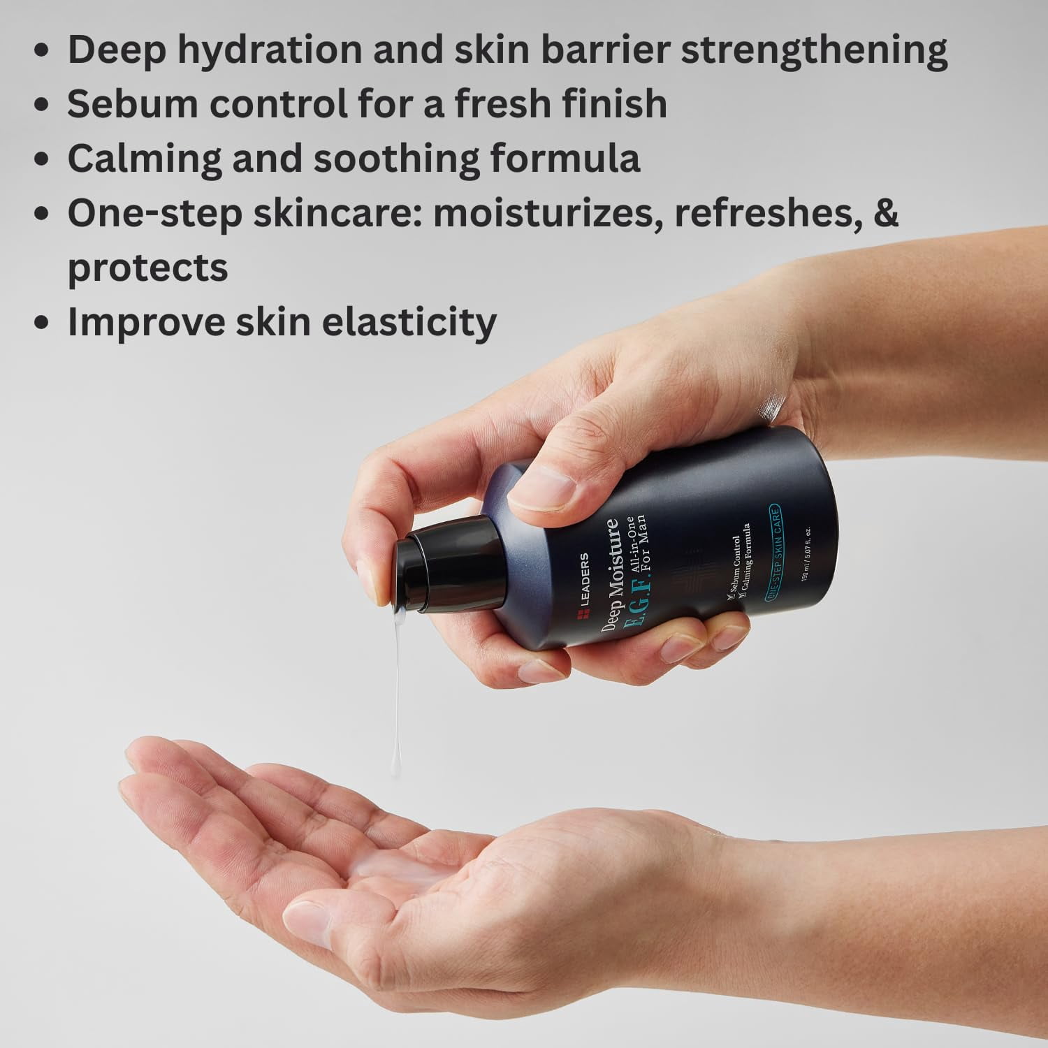 LEADERS Deep Moisture EGF All-in-One Essence for Men, One-Step Facial Skincare, Deep Hydration, Smooth & Anti-Wrinkle Care, Calming Formula with Sebum Control & Skin Barrier Strengthening, 150 ml