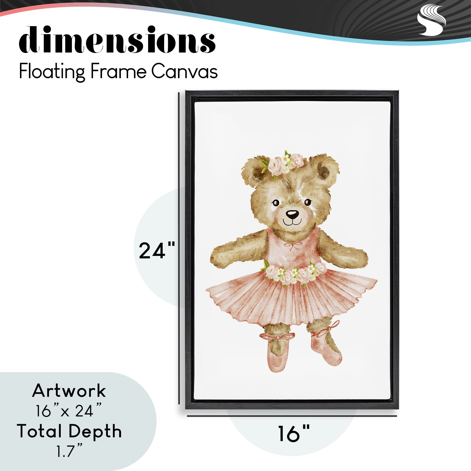 Floral Ballerina Teddy Bear Black Framed Floater Canvas Wall Art, design by Amy Hall