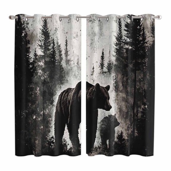 Rustic Black Bear Kitchen Curtains 63 Inch Length, Country Cabin Forest Wildlife Grommet Top Bedroom Living Room Curtains, Light Filtering Cafe Curtain Drapes 2 Panels Set 84''x63''