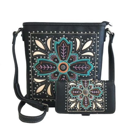 Wholesale Bling - American Bling Concealed Gun Messenger Purse Wallet Set Embroidered Flower Black