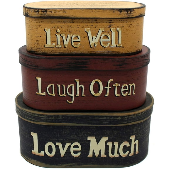 CVHOMEDECO. Primitives Vintage Oval “Live Well, Laugh Often, Love Much” Cardboard Nesting Boxes, Large 9-3/4 x 5-1/2 x 4 Inch, Set of 3.