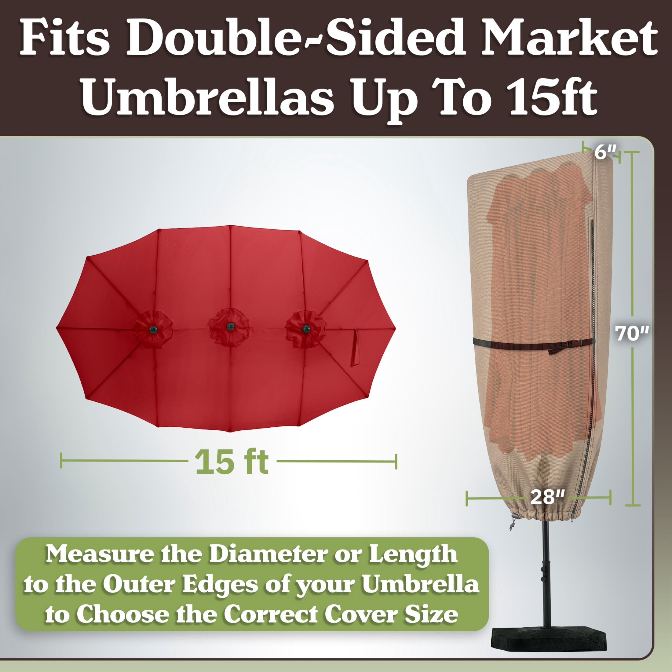 Pure Garden Waterproof Large Umbrella Cover for 15ft Double Sided Outdoor Umbrella, Tan