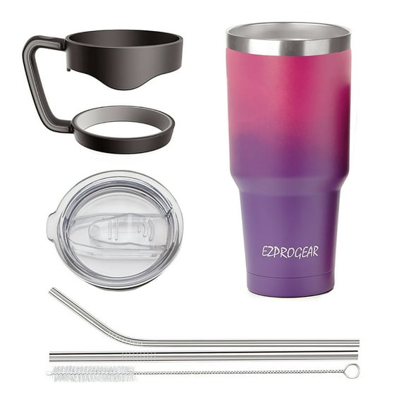 Ezprogear 30 oz Stainless Steel Travel Tumbler Vacuum Insulated Mug Double Wall Keeps Cold & Hot Coffee Tea Cup with Handle, 2 Straws and Lid (Fuchsia/Grape)