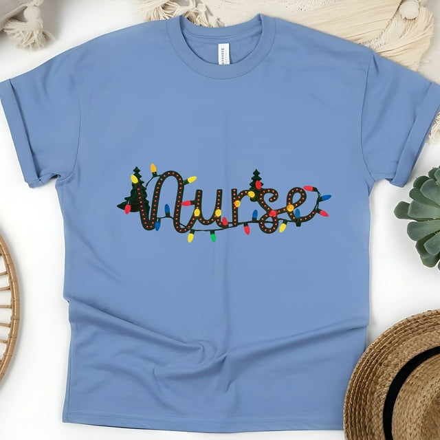 Nurse Graphic T-Shirt with String Lights Design, Unisex Casual Tee, CarolinaBlue, Size L
