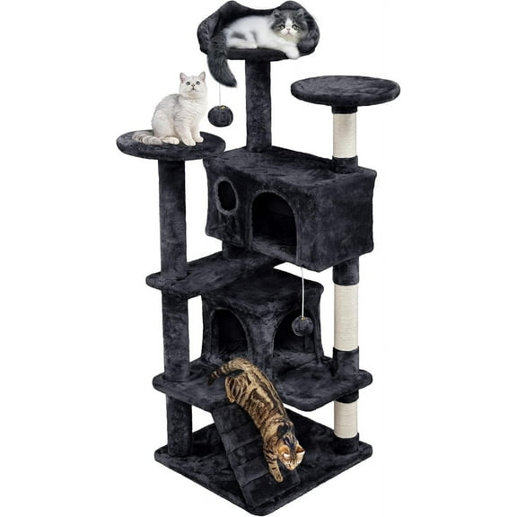Lorelia 54in Cat Tree, Cat Tower w/Large Cat Condo Scratching Posts and Perch, Cat Stand House Furniture, Black