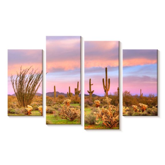 Elephant Stock Sonoran Desert At Sunset Wall Art - Horizontal Multi Panel Canvas - Living Room Wall Decor - Nature Multi Panel - Orange And Green Decor - 24" x 14"