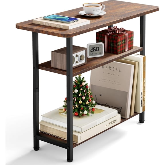Side Table for Living Room, 3-Tier End Small Space with Wide Storage Tabletop, Rustic Brown Narrow Nightstand Bedroom, Sofa Couch