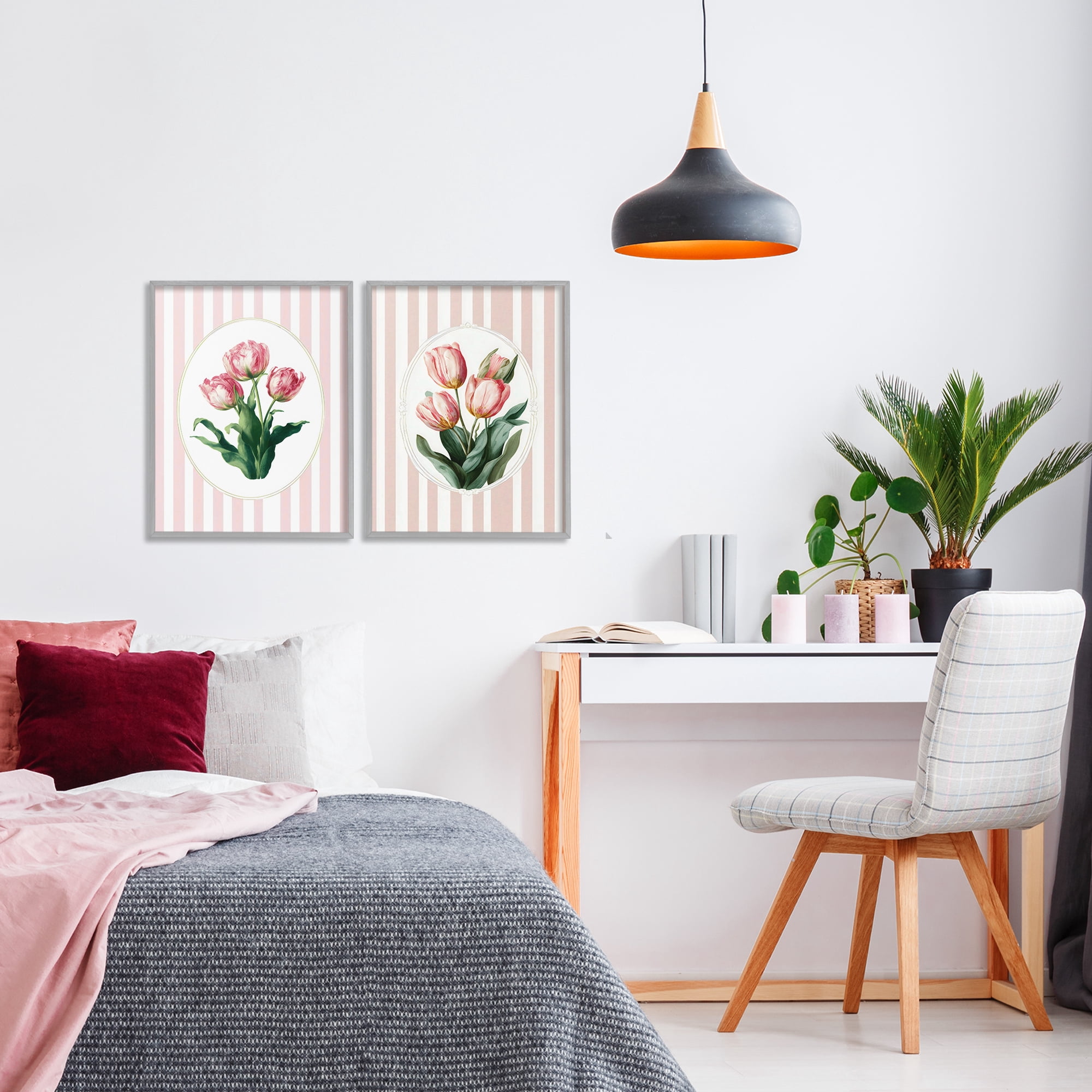 Stupell Industries Blush Tulips on Stripes 2 Piece Gray Framed Giclee Art Set, design by Ink Drop Loft