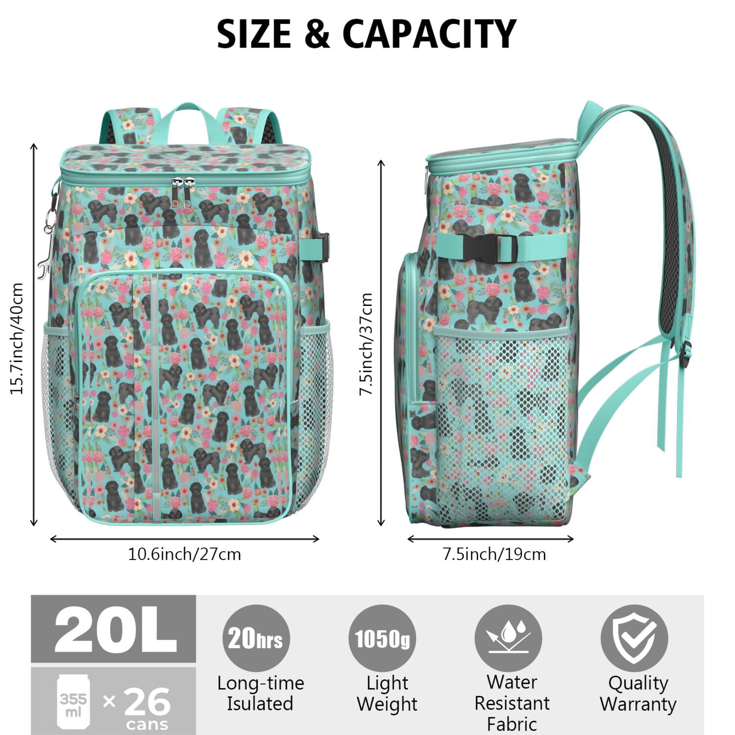 Travel Cooler Bag - Bichon Dog Blue Florals Camping Beer Cooler Backpack with Bottle Opener- Waterproof Insulated Picnic Backpacks - Cooler Bag for Beach
