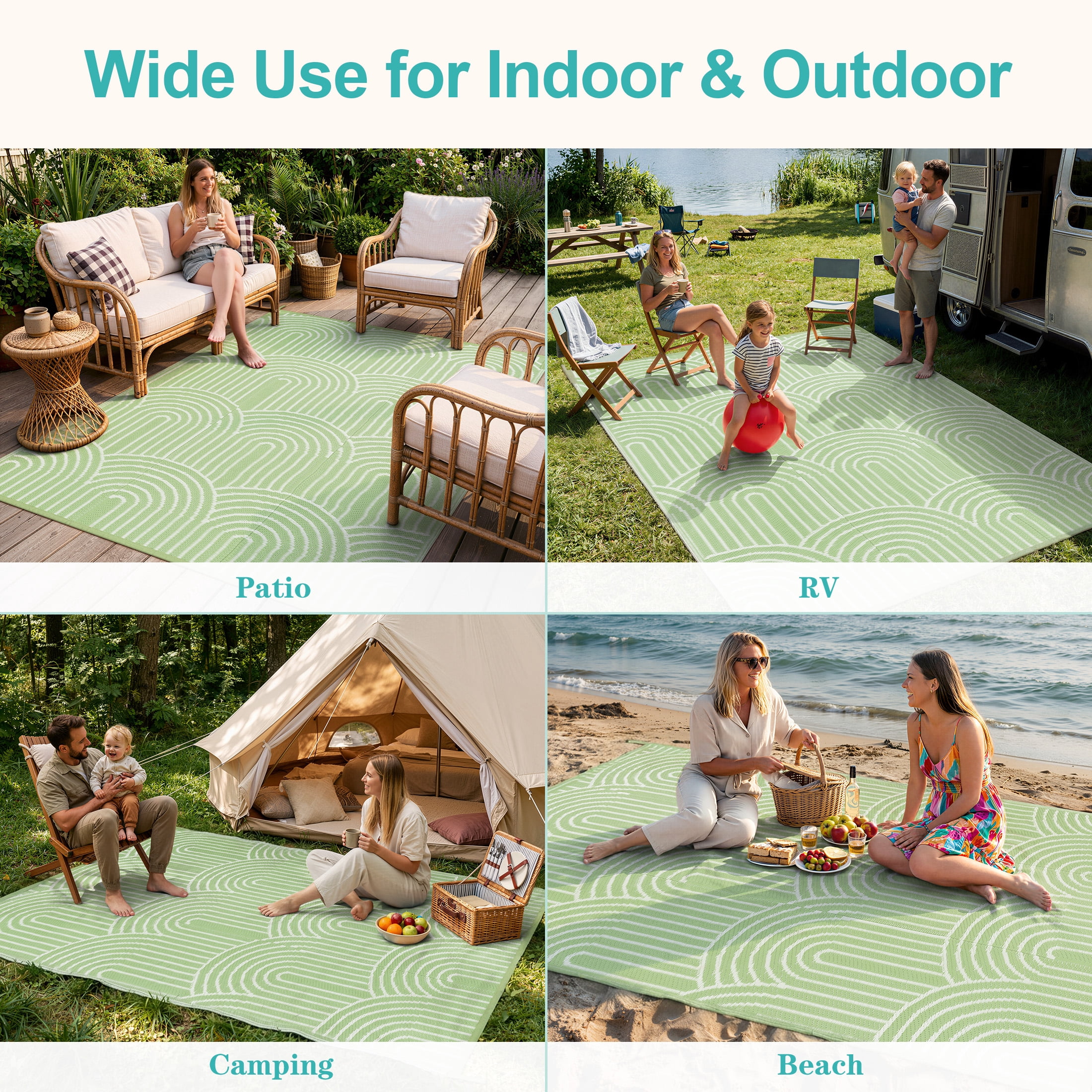 Wonnitar Outdoor Rug Waterproof 5'x8' Lightweight Plastic Straw Rug, Scandinavian Reversible Outside Carpet for RV Patio Deck Porch Balcony Picnic Camping Beach, Green-Rainbow