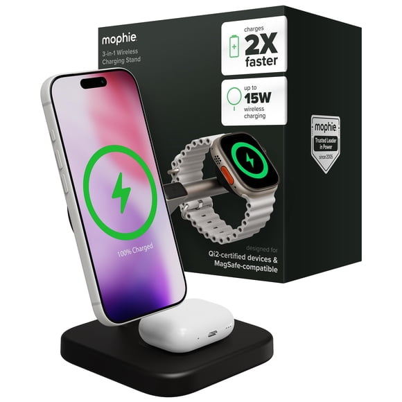 Mophie 3-in-1 Wireless Charging Stand - Qi2-Certified, MagSafe Charger for iPhone, Apple Watch & AirPods &ndash; Fast Charging Station with Adjustabl