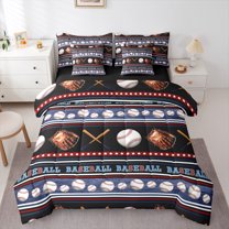Feelyou 3D Baseball Sports Bedding Comforter Set 7-Piece for Teen, Cartoon Stars Print King Bedding Sets, Vintage Striped Geometric Reversible Bed Sheets, Breathable Home Decor