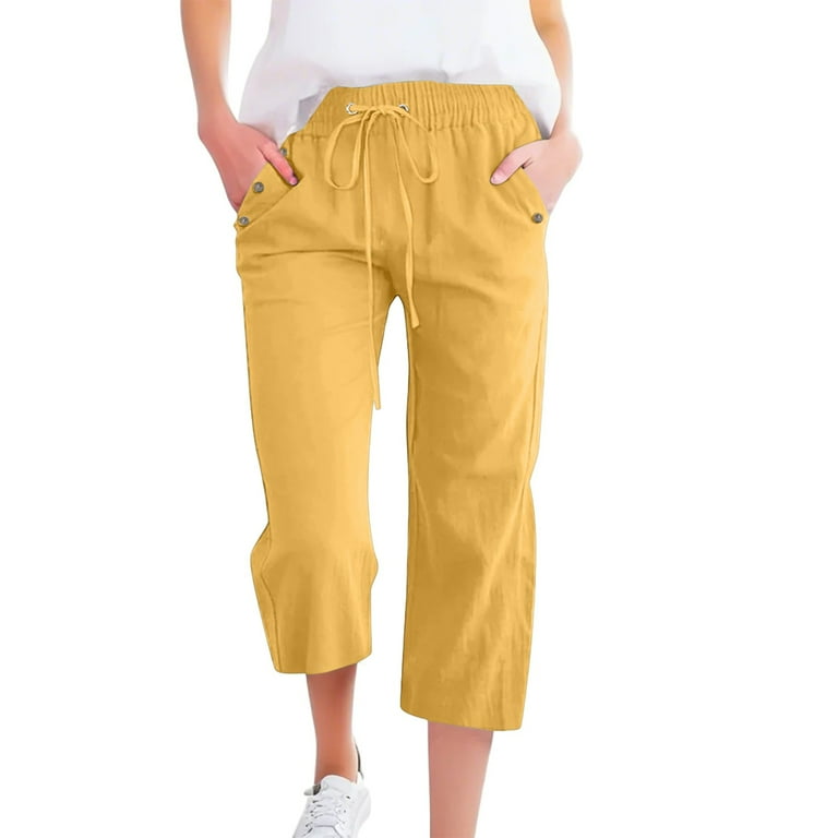 Difdany Linen Wide Leg Cropped Pants for Women – Elastic Waist