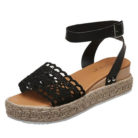 

Wedges for Women Women S Summer Buckle Strap Wedges Weave Beach Open Toe Breathable Sandals Shoes Cloth Black 41