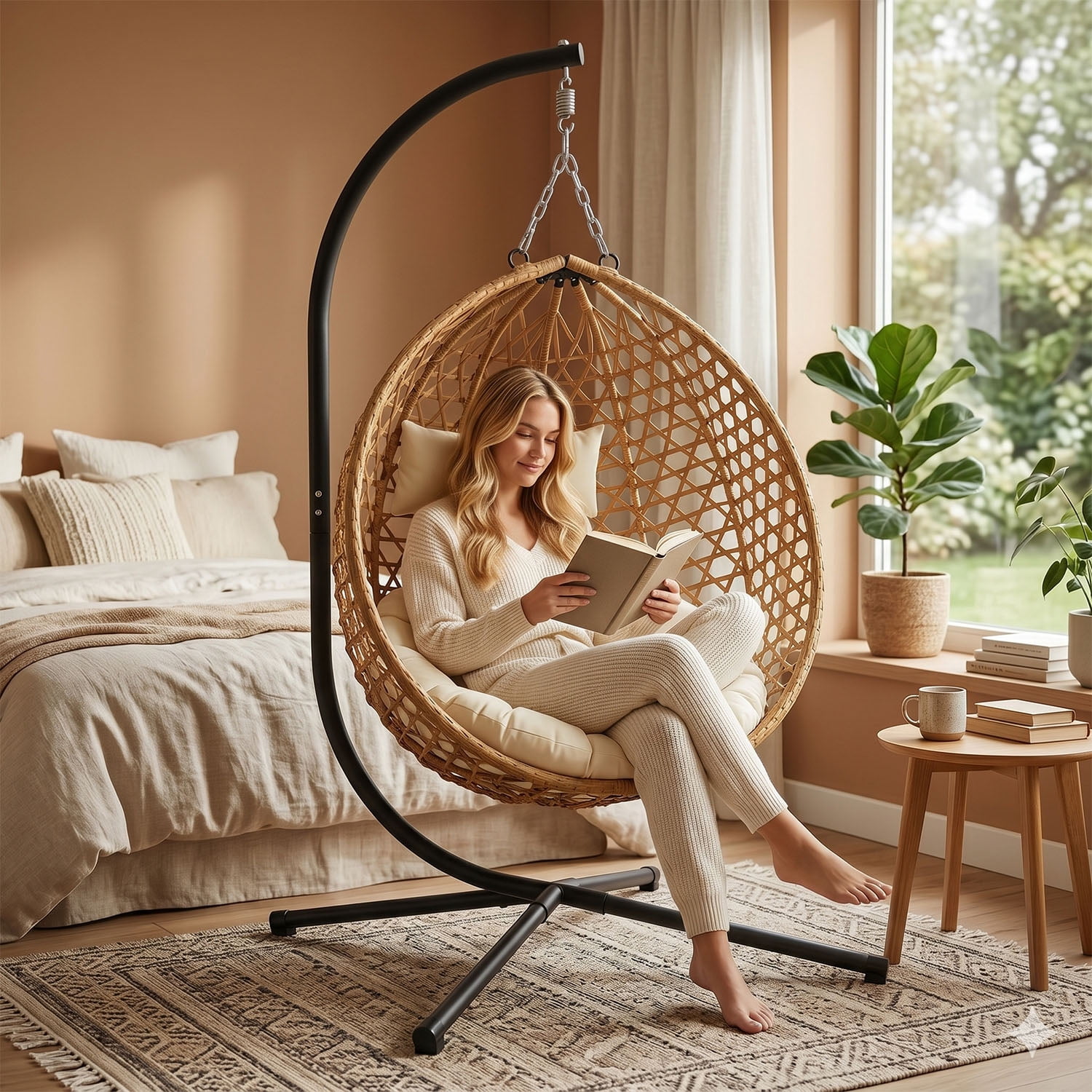 Folding PE Rattan Hanging Egg Chair with Stand, Yellow Indoor Outdoor Hammock Swing Basket Chair, Aluminum Steel Frame for Patio Balcony Backyard Bedroom