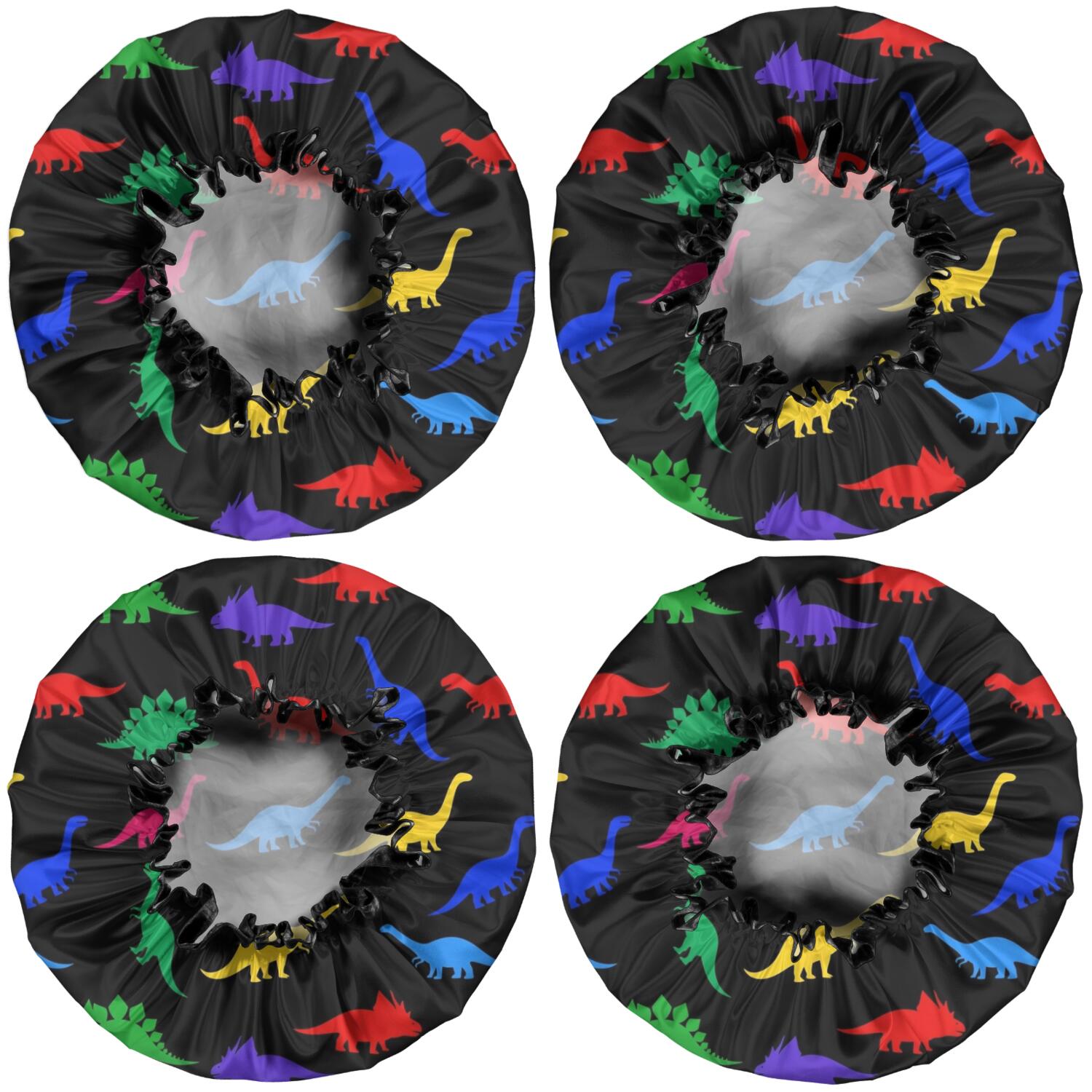 Shower Caps,Black Cartoon Dinosaurs Colorful Silhouettes Pattern Waterproof Shower Cap for Women 4 Pieces,Double Reusable Hair Cover for Shower PEVA Elastic Stretch Hem