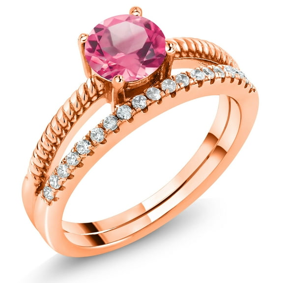 Gem Stone King 18K Rose Gold Plated Silver Pink Mystic Topaz Engagement Engagement Ring for Women (1.69 Cttw, Gemstone November Birthstone, Round 6MM, Size 8)