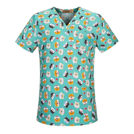 

Women Scrubs Top Short Sleeve V-Neck Cartoon Printed Top Nursed Working Uniform Nurses Clothing Workwear Blouse With Pockets Female Clothes