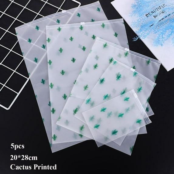 1/5pcs Transparent Cartoon Style Plastic Packing Bag Zip Lock Storage Waterproof Shoes Bag Organizer Pouch Portable Travel Bag Make Up Storage 5PCS 20X28CM CACTUS