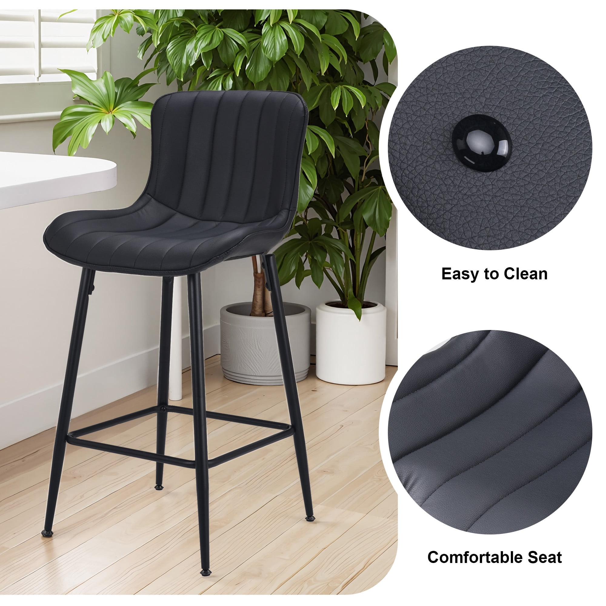 MAYEERTY Black 2-Pack Faux Leather Counter Bar Stools, Modern Design for Kitchen Islands & Dining Rooms