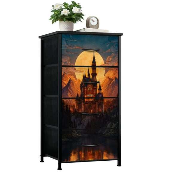 Dresser for Bedroom with 4 Storage Drawers Majestic Castle Under Full Moon Mountain Backdrop Serene Reflection Dressers Chest of Drawers Steel Framed Fabric Closet Organizers for Entryway Boys Room