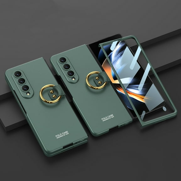 ELEHOLD for Samsung Galaxy Z Fold 4 Rugged Case with Ring Holder Built in Screen Protector Hard PC Shockproof Full Body Hinge Protection Case for Z Fold 4,Darkgreen