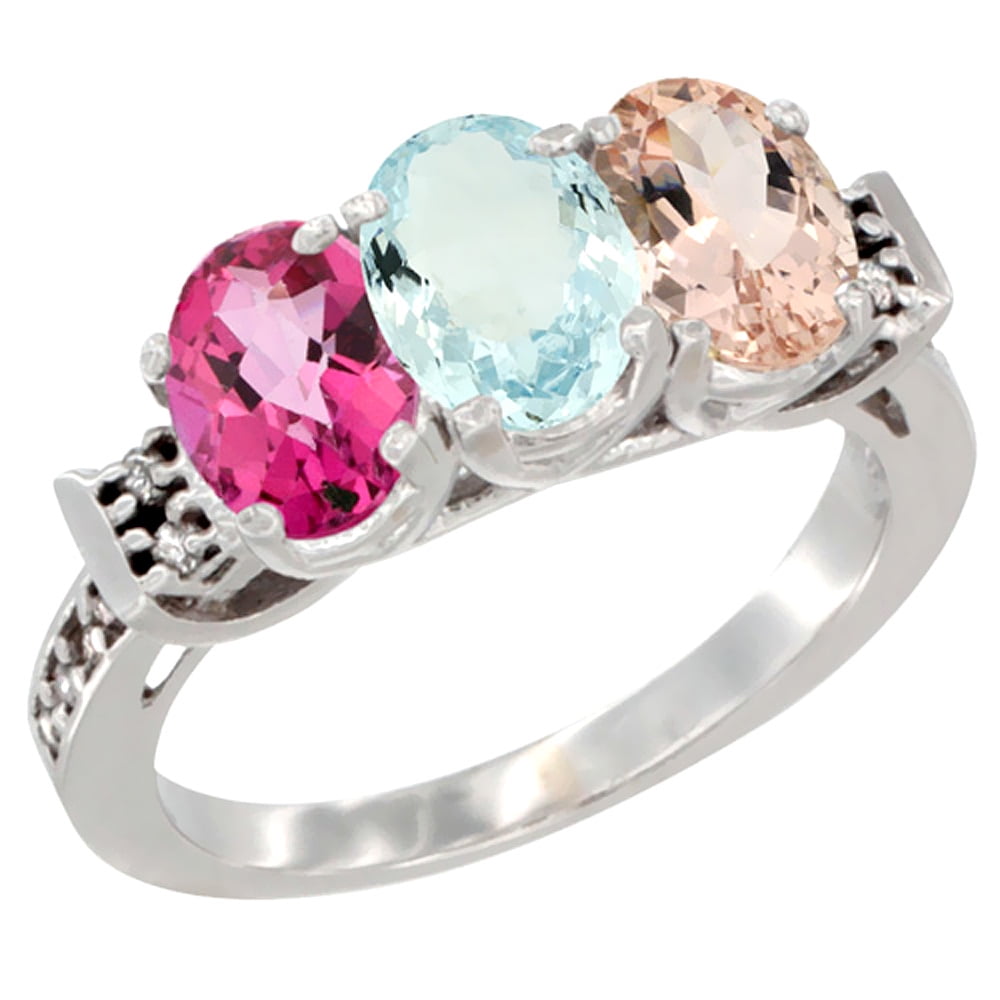10K White Gold Natural Pink Topaz, Aquamarine & Morganite Ring 3-Stone Oval 7x5 mm Diamond Accent, sizes 5 10 by WorldJewels