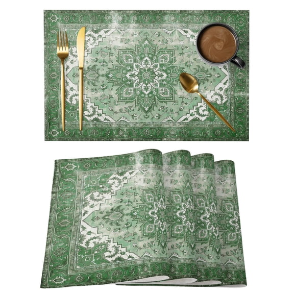 Green Bohemia Placemats Set of 4 Vintage Abstract Ethnic Geometric Art Place Mats Indoor Wipeable Table Mats Washable Cloth Dining Table Placemats for Kitchen Holiday Party Home Decor 13x19 Inch
