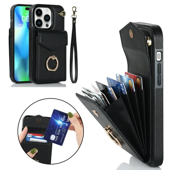Case Compatible with iPhone 14 Pro Max, Premium Synthetic Leather Magnetic Buckle Wallet Card Slot with Ring Holder Stand Wrist Strap Back Phone Cover For iPhone 14 Pro Max - 6.7, Black