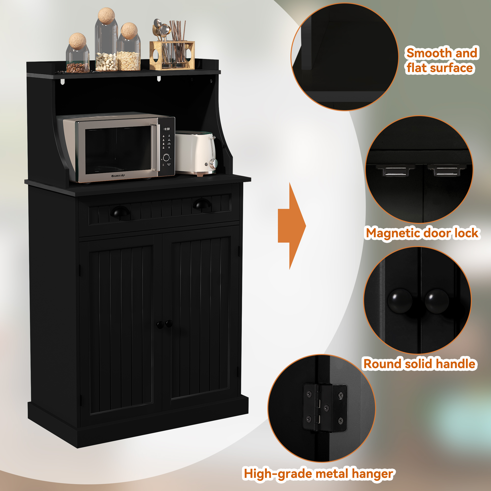Kitchen Microwave Pantry Storage Cabinet with Drawers & Cabinets for Kitchen Organization, Black