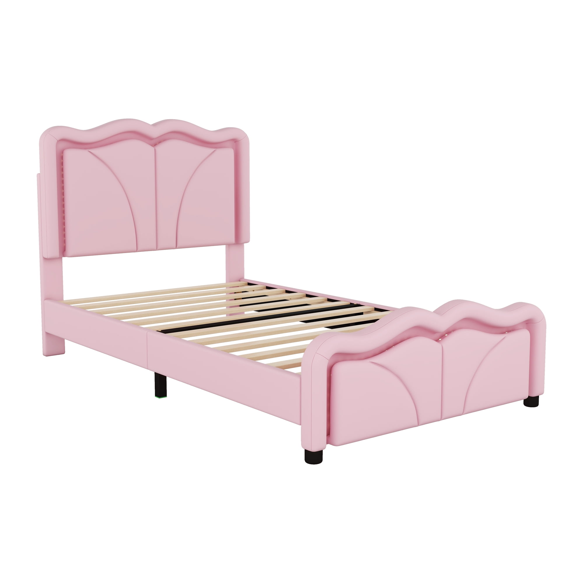 EUROCO Upholstered Twin Platform Bed, Cartoon Bed with Adjustable Headboard and LED Light for Toddler Kids Teens Adults, No Box Spring Needed, Pink
