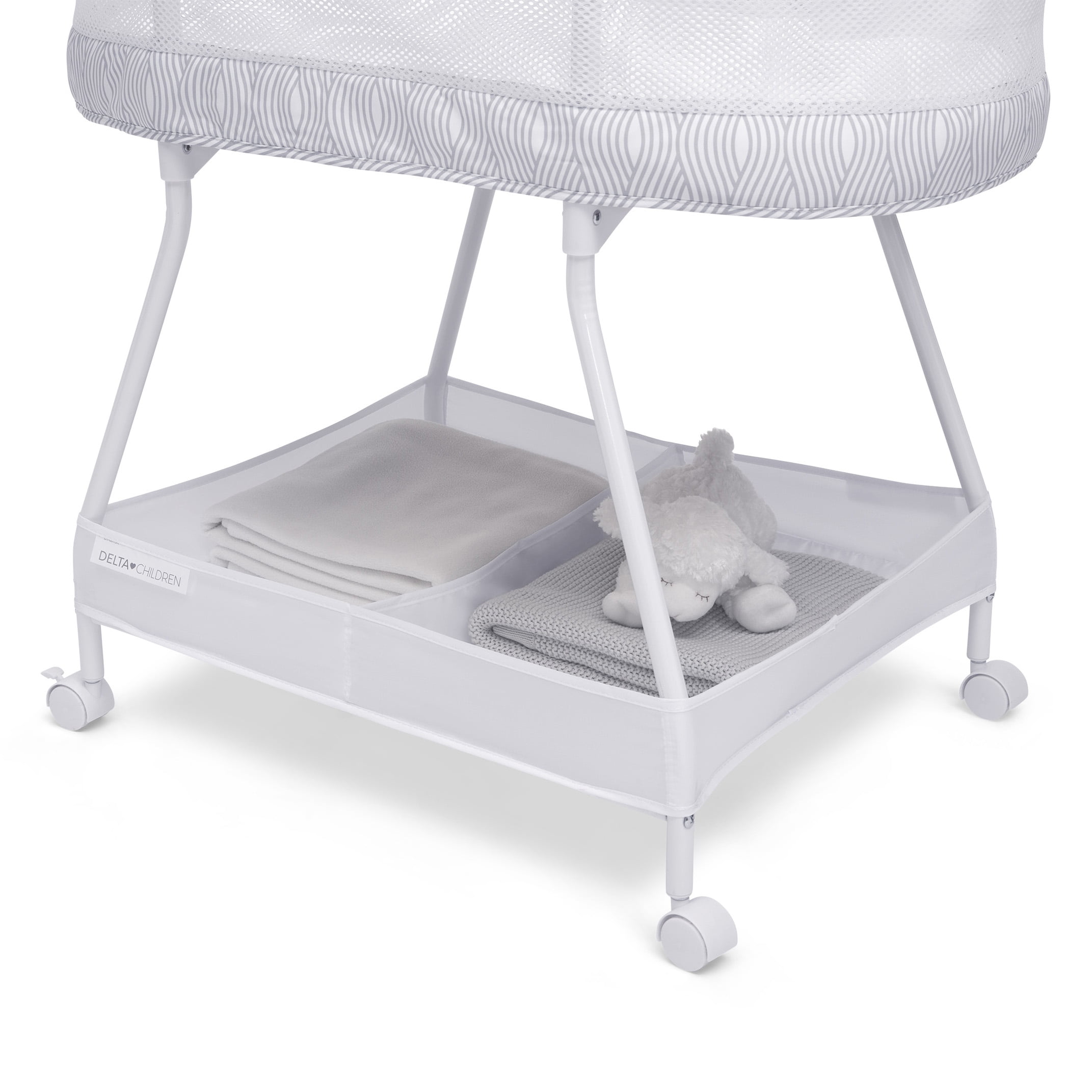 Delta Children Curve Bassinet, Baby Bedside Sleeper with Storage