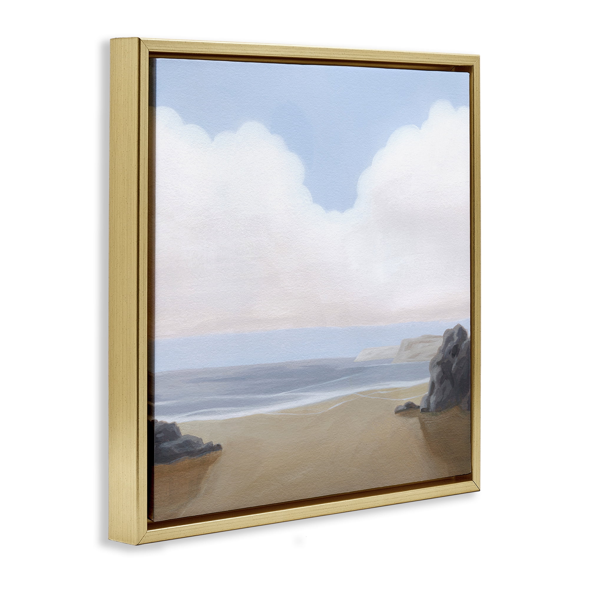 Stupell Industries Soft Clouds Over Beach Landscape Painting Gold Floater Framed Canvas Art Print Wall Art, 25 x 25
