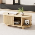 thumbnail image 1 of Oval Coffee Table with 2 Sliding Doors, Rounded Corners,Hidden Compartment Center Table, Sofa table with storage space, Side table with Central open storage area,39.3*19.6*15.7 inches,Natural Wood, 1 of 1