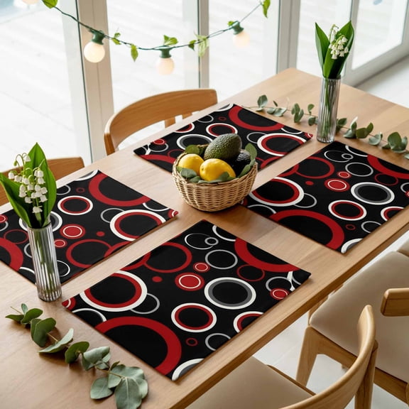 Red Black Circle on Black Placemats Set of 4,Wipeable Washable Table Mats for Dining Tables, Abstract Geometric Art Place Mats for Kitchen Event Party Tabletop Decor