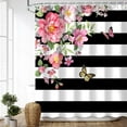 thumbnail image 2 of Pink Floral Shower Curtain, Black and White Stripes Fabric Bathroom Curtain Set with Hooks, Pink and Black Shower Curtain, Rose with Butterfly and Leaves Pattern Machine Washable 72Wx84H Inches, 2 of 6