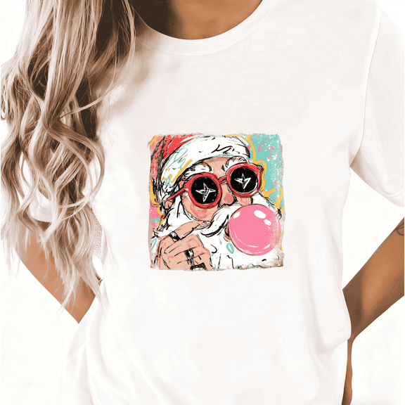 Women's Retro Cool Santa Bubble Gum Star Sunglasses Graphic Oversized Cotton T-Shirt White S-5XL