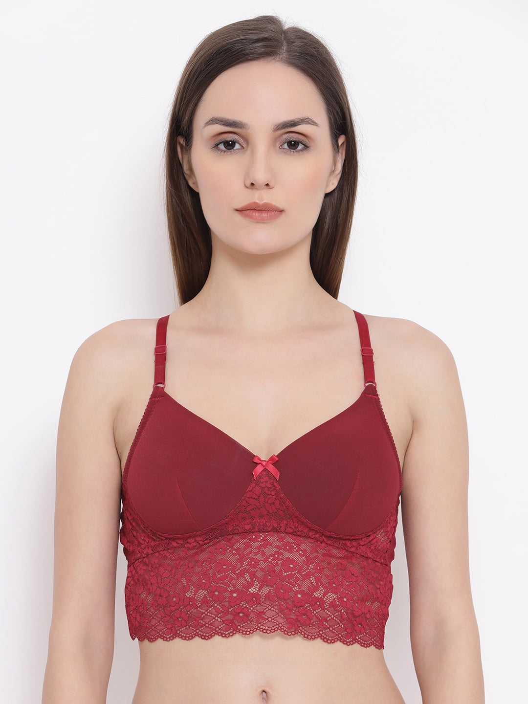 Buy Clovia Women's Lace Pack of 2 Padded Non-Wired Full Coverage Longline  Bralette with Racerback (COMBR1114_Maroon & Red_36C) at