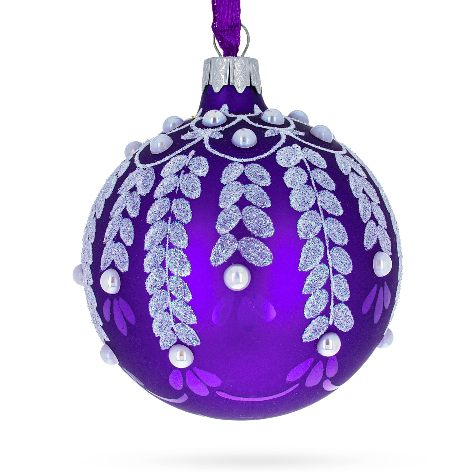 BestPysanky Blue Leaf on Purple Glass Egg Ornament